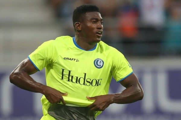 Gent's Taiwo Awoniyi celebrates after scoring during a soccer game between Belgian club KAA Gent and Polish team Jagiellonia Bialystok, Thursday 16 August 2018 in Gent, the return leg of the third qualification round for the Europa League competition. BELGA PHOTO BRUNO FAHY