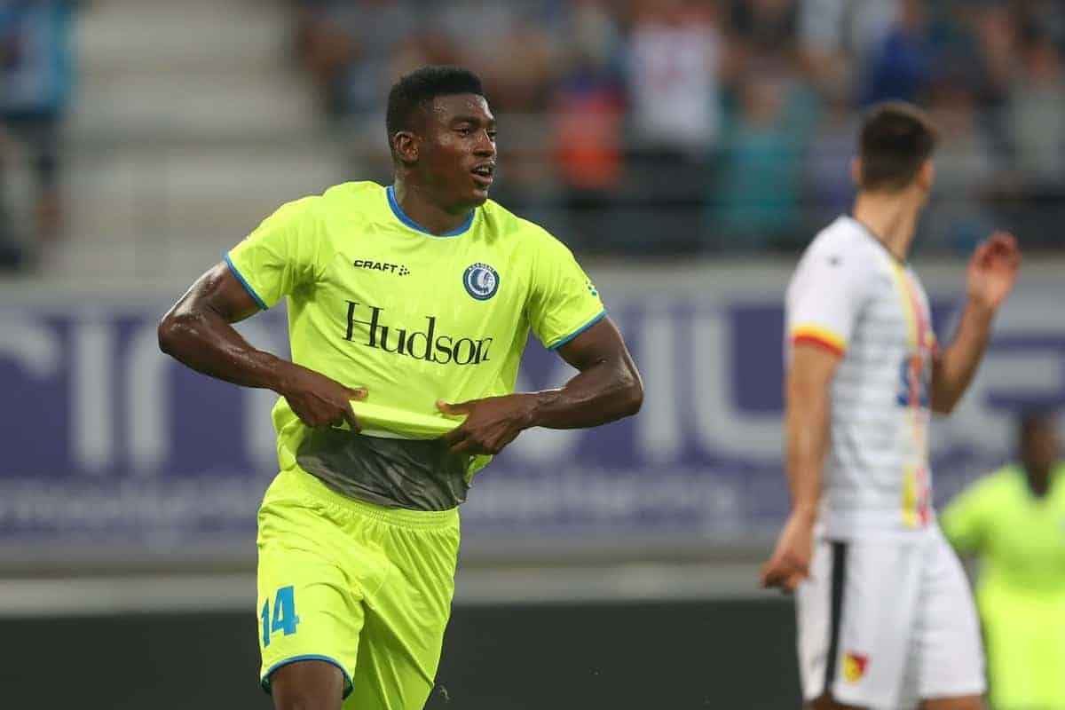 Gent's Taiwo Awoniyi celebrates after scoring during a soccer game between Belgian club KAA Gent and Polish team Jagiellonia Bialystok, Thursday 16 August 2018 in Gent, the return leg of the third qualification round for the Europa League competition. BELGA PHOTO BRUNO FAHY