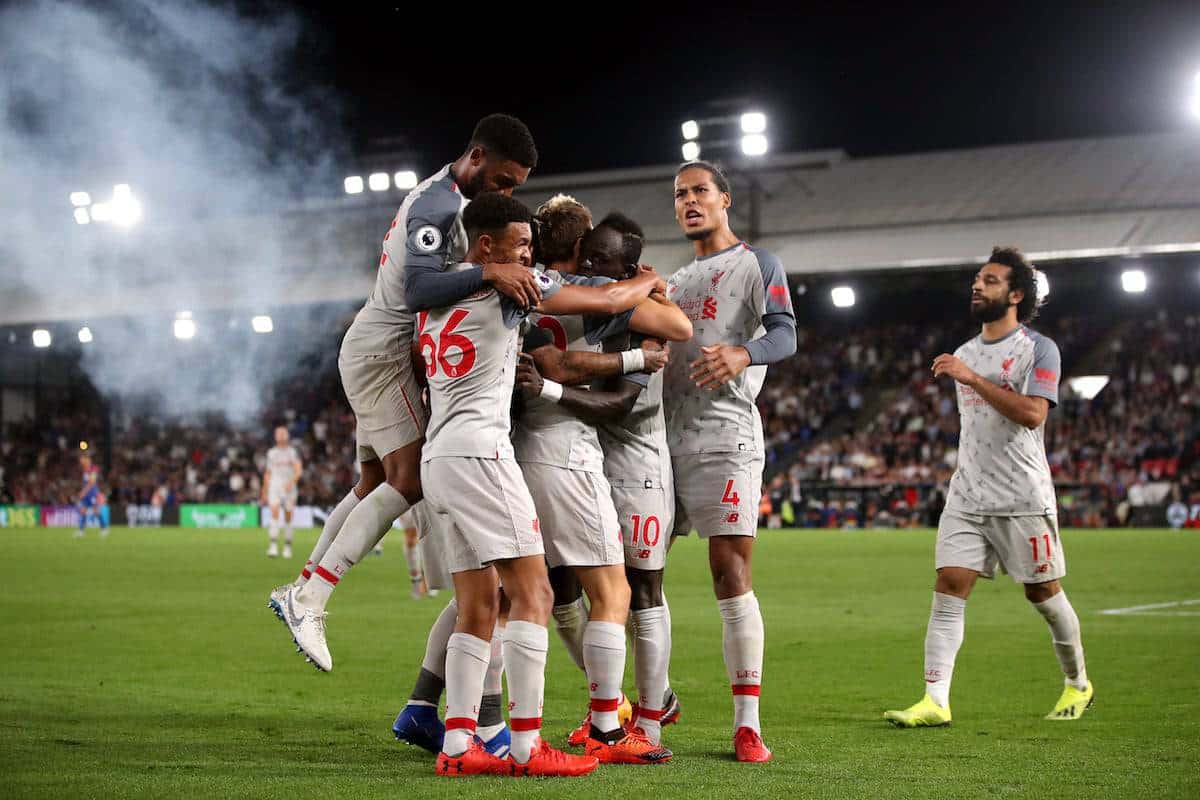 Liverpool's Sadio Mane celebrates scoring his side's second goal of the game with his team-mates during the Premier League match at Selhurst Park, London. Nick Potts/PA Wire.