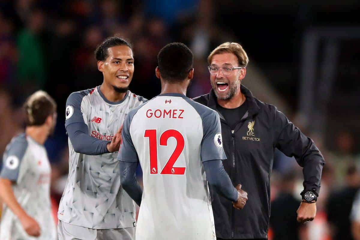 Liverpool manager Jurgen Klopp celebrates with Joe Gomez and Virgil van Dijk after the Premier League match at Selhurst Park, London. Nick Potts/PA Wire.