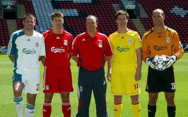 Liverpool manager Rafael Benitez (centre) stands with Jamie Carragher (left to right), Steven Gerrard, Xabi Alonso and Jose Reina as they display the new kits at Anfield Stadium, Liverpool.