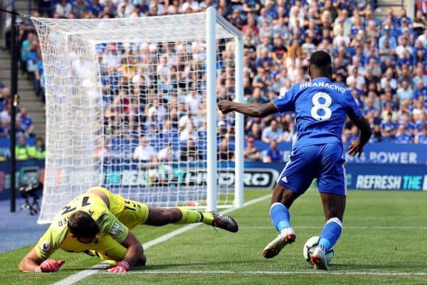 Leicester City's Kelechi Iheanacho wins the ball off Liverpool goalkeeper Alisson Becker in the area leading to his side's first goal