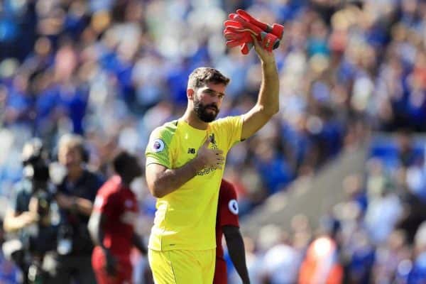 Liverpool goalkeeper Alisson acknowledges the fans after the Premier League match at the King Power Stadium, Leicester. PRESS ASSOCIATION Photo. Picture date: Saturday September 1, 2018. See PA story SOCCER Leicester. Photo credit should read: Mike Egerton/PA Wire. RESTRICTIONS: EDITORIAL USE ONLY No use with unauthorised audio, video, data, fixture lists, club/league logos or "live" services. Online in-match use limited to 120 images, no video emulation. No use in betting, games or single club/league/player publications.