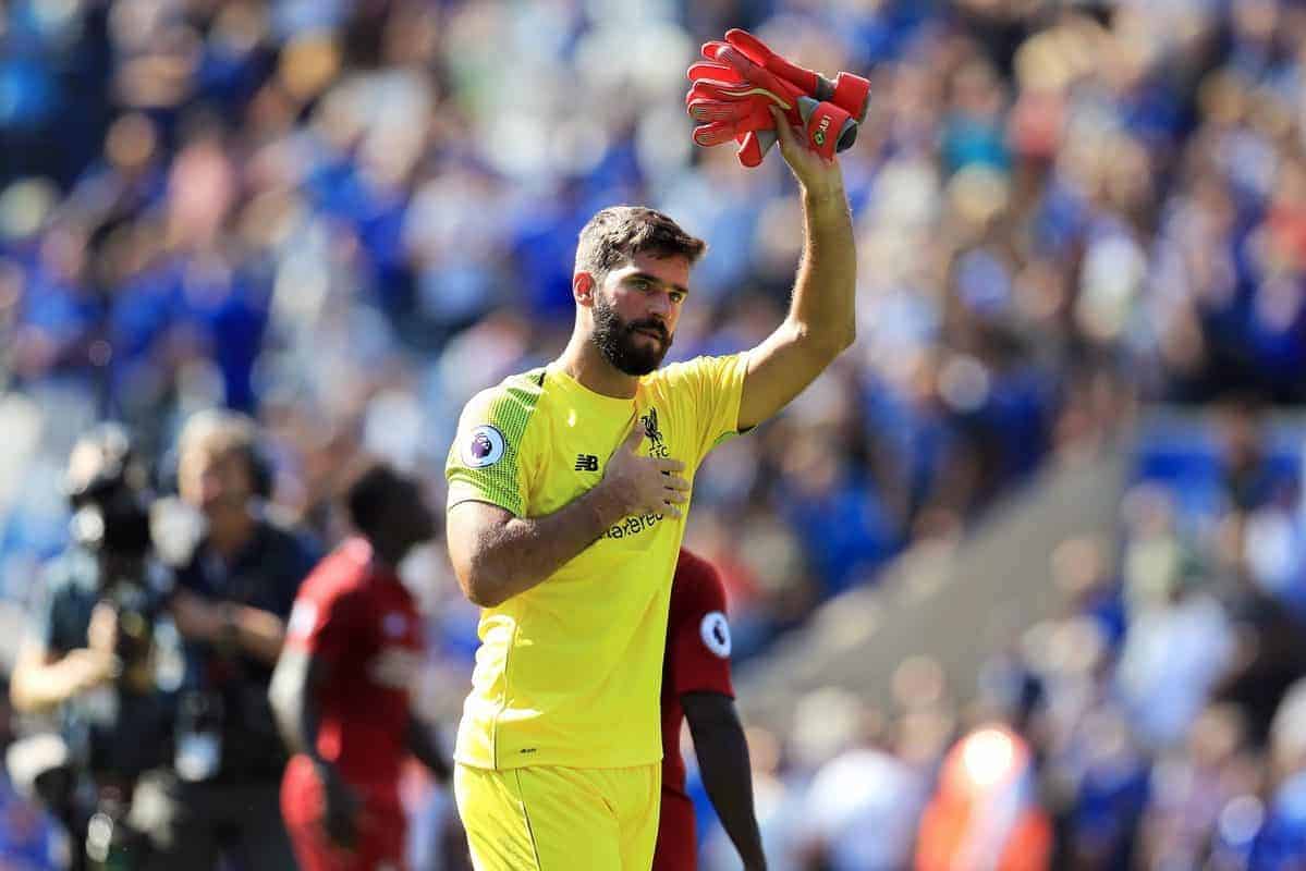 Liverpool goalkeeper Alisson acknowledges the fans after the Premier League match at the King Power Stadium, Leicester. PRESS ASSOCIATION Photo. Picture date: Saturday September 1, 2018. See PA story SOCCER Leicester. Photo credit should read: Mike Egerton/PA Wire. RESTRICTIONS: EDITORIAL USE ONLY No use with unauthorised audio, video, data, fixture lists, club/league logos or "live" services. Online in-match use limited to 120 images, no video emulation. No use in betting, games or single club/league/player publications.