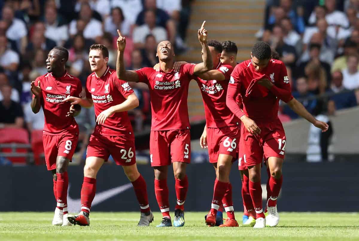 Liverpool's Georginio Wijnaldum (centre) celebrates scoring his side's first goal of the game with team gates during the Premier League match at Wembley Stadium, London. ( Adam Davy/PA Wire/PA Images)