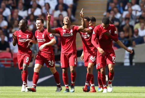 Liverpool's Georginio Wijnaldum (centre) celebrates scoring his side's first goal of the game with team gates during the Premier League match at Wembley Stadium, London. ( Adam Davy/PA Wire/PA Images)