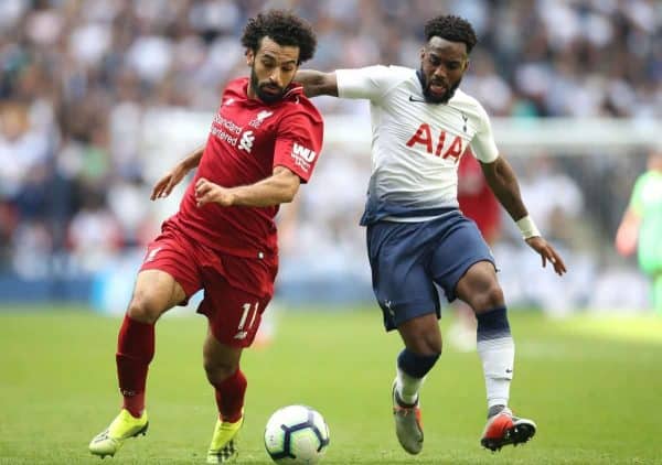 Liverpool's Mohamed Salah (left) and Tottenham Hotspur's Danny Rose battle for the ball during the Premier League match at Wembley Stadium, London.