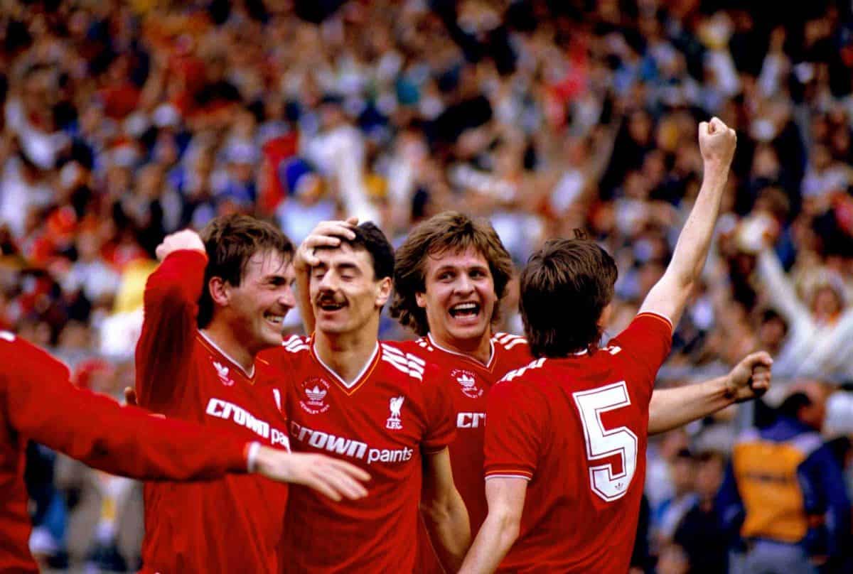 Kenny Dalglish, Jan Molby and Ronnie Whelan congratulate Ian Rush (second l) on one of his two goals vs. Everton in FA Cup Final 1986 (Picture by Peter Robinson EMPICS Sport)