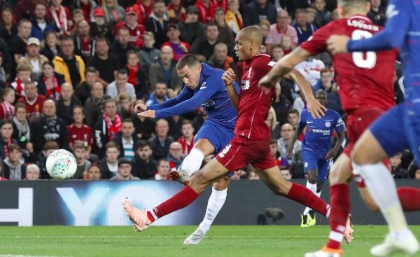 Chelsea's Eden Hazard scores his side's second goal of the game during the Carabao Cup, Third Round match at Anfield, Liverpool. (Martin Rickett/PA Wire/PA Images)