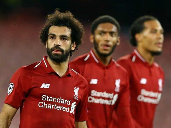 General players - Mohamed Salah, Joe Gomez and Virgil Van Dijk of Liverpool (Photo by Matteo Ciambelli/NurPhoto/Sipa USA)