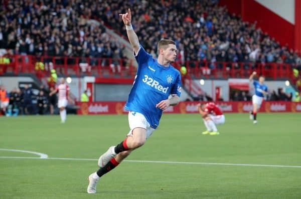 Rangers' Ryan Kent celebrates scoring his sides first goal during the Ladbrokes Scottish Premiership match at the Hope CBD Stadium, Hamilton (Jane Barlow/PA Wire/PA Images)