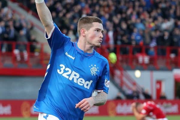 Rangers' Ryan Kent celebrates scoring his sides first goal during the Ladbrokes Scottish Premiership match at the Hope CBD Stadium, Hamilton (Jane Barlow/PA Wire/PA Images)