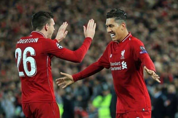 Liverpool's Roberto Firmino celebrates after scoring his teams first goal during the UEFA Champions League match at Anfield Stadium, Liverpool. Picture date 24th October 2018. Picture credit should read: Matt McNulty/Sportimage