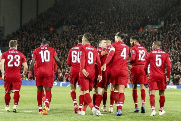 Liverpool forward Roberto Firmino (9) celebrates with his teammates after scoring his goal during the Uefa Champions League Group Stage football match n.3 LIVERPOOL - CRVENA ZVEZDA on 24/10/2018 at the Anfield Road in Liverpool, England. (Photo by Matteo Bottanelli/NurPhoto/Sipa USA)