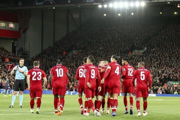 Liverpool forward Roberto Firmino (9) celebrates with his teammates after scoring his goal during the Uefa Champions League Group Stage football match n.3 LIVERPOOL - CRVENA ZVEZDA on 24/10/2018 at the Anfield Road in Liverpool, England. (Photo by Matteo Bottanelli/NurPhoto/Sipa USA)