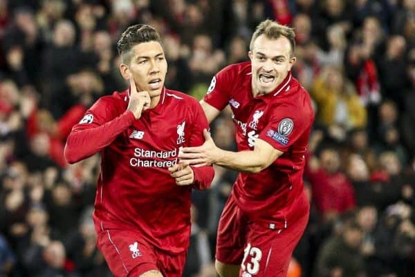 Liverpool forward Roberto Firmino (9) celebrates with Liverpool midfielder Xherdan Shaqiri (23) after scoring his goal during the Uefa Champions League Group Stage football match n.3 LIVERPOOL - CRVENA ZVEZDA on 24/10/2018 at the Anfield Road in Liverpool, England. (Photo by Matteo Bottanelli/NurPhoto/Sipa USA)