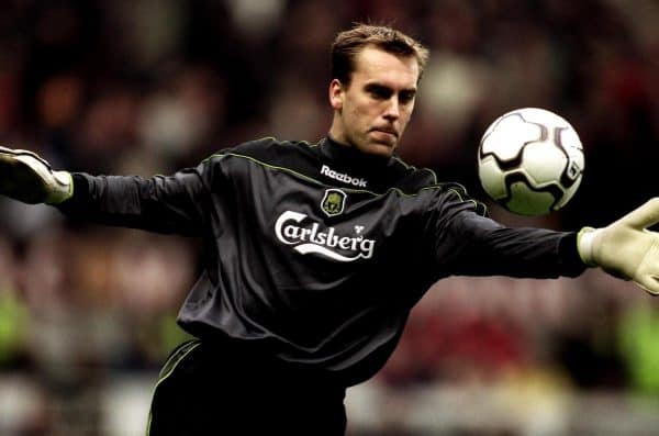 Nov. 2000: Liverpool goalkeeper Sander Westerveld prepares to kick the ball  (Neal Simpson/EMPICS Sport)