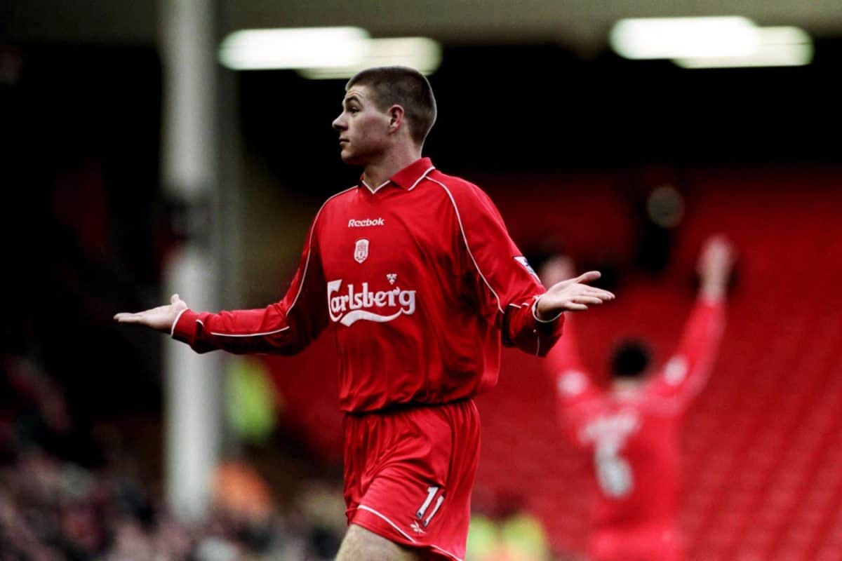 Liverpool's Steven Gerrard shrugs his shoulders after scoring a spectacular goal vs. Southampton, January 2001, Anfield (Nick Potts/EMPICS Sport)