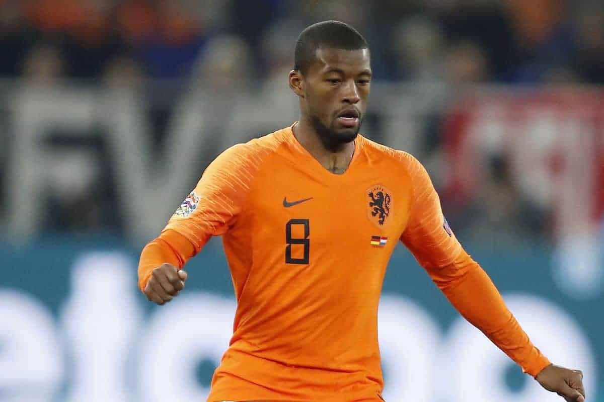 Georginio Wijnaldum of Holland during the UEFA Nations League A group 1 qualifying match between Germany and The Netherlands at the Veltins Arena on November 19, 2018 in Gelsenkirchen, Germany