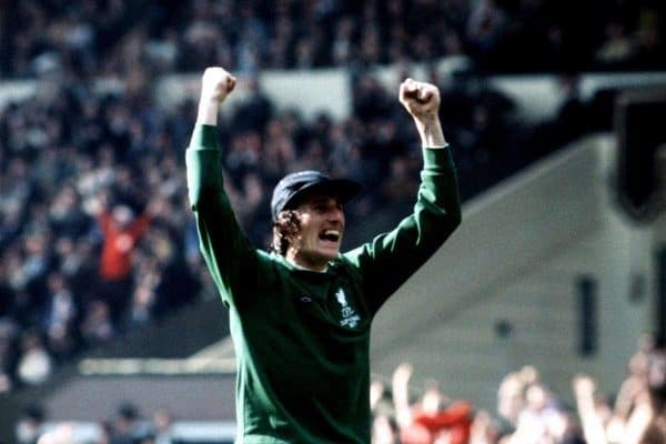 Liverpool goalkeeper Ray Clemence celebrates the equalizing goal