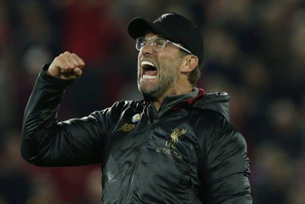 Jurgen Klopp celebrates the win during the Premier League match at Anfield Stadium, Liverpool. Picture date 2nd December 2018. Picture credit should read: Andrew Yates/Sportimage via PA Images