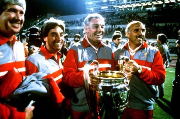 (L-R) The Liverpool coaching team of Chris Lawler, Roy Evans, manager Joe Fagan and Ronnie Moran celebrate with the European Cup