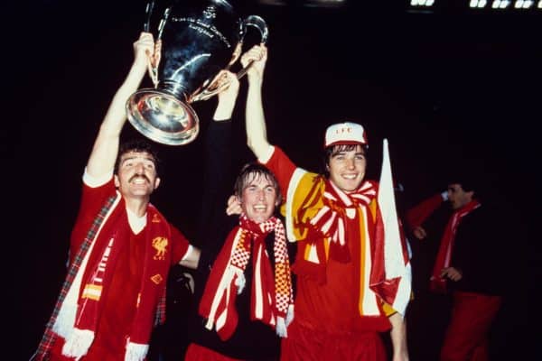 (L-R) Liverpool's Graeme Souness, Kenny Dalglish and Alan Hansen celebrate with the European Cup, 1981 (Peter Robinson/EMPICS Sport)