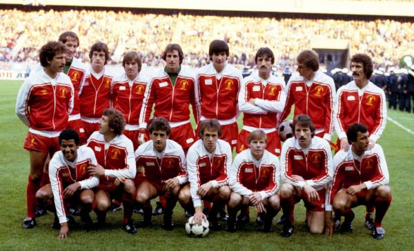 1981 European Cup Final: Graeme Souness, Steve Ogrizovic, Colin Irwin, Kenny Dalglish, Ray Clemence, Alan Hansen, David Johnson, Phil Thompson, Terry McDermott; (front row, l-r) Howard Gayle, Alan Kennedy, Richard Money, Phil Neal, Sammy Lee, Jimmy Case, Ray Kennedy (PA Images)