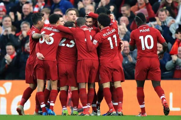 Liverpool's Dejan Lovren (centre right) celebrates scoring his side's first goal of the game with team-mates during the Premier League match at Anfield, Liverpool. (Peter Byrne/PA Wire/PA Images)