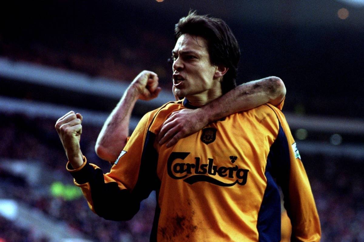 Liverpool's Jari Litmanen celebrates scoring the equalizing goal from the penalty spot