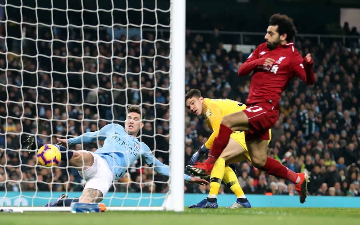 Manchester City's John Stones (left) clears the ball off the line during the Premier League match at the Etihad Stadium, Manchester. (PA Image)