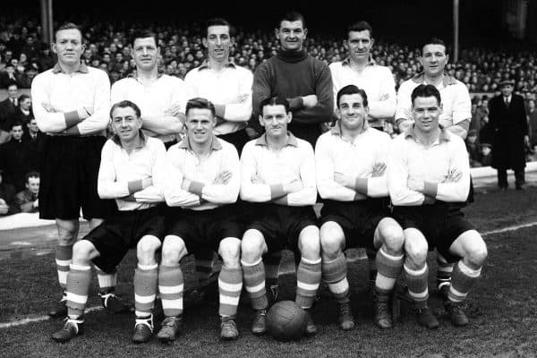 Liverpool team group: (back row, l-r) Albert Stubbins, Eddie Spicer, Laurie Hughes, Cyril Sidlow, Bill Jones, Bob Paisley (front row, l-r) Jimmy Payne, Kevin Baron, Phil Taylor, Cyril Done, Billy Liddell