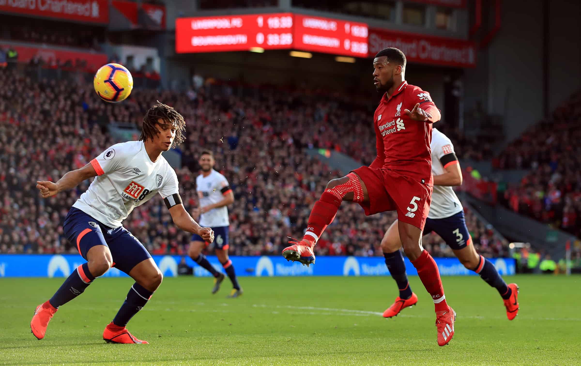 Liverpool's Georginio Wijnaldum scores his side's second goal of the game during the Premier League match at Anfield, Liverpool. ( Peter Byrne/PA Wire/PA Images)