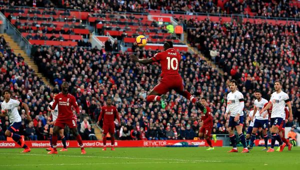 Sadio Mane, header, Anfield (Photo: Peter Byrne/PA Wire)