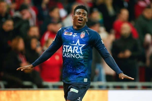 Mouscron's Taiwo Awoniyi celebrates after scoring during a soccer game between Standard de Liege and Royal Excel Mouscron, Saturday 02 March 2019 in Liege, on the 28th day of the 'Jupiler Pro League' Belgian soccer championship season 2018-2019. BELGA PHOTO BRUNO FAHY