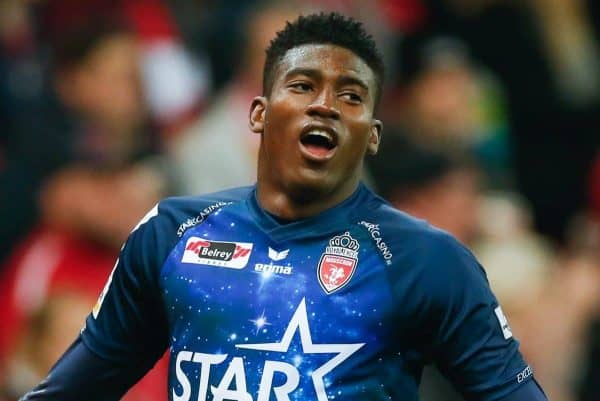 Mouscron's Taiwo Awoniyi celebrates after scoring during a soccer game between Standard de Liege and Royal Excel Mouscron, Saturday 02 March 2019 in Liege, on the 28th day of the 'Jupiler Pro League' Belgian soccer championship season 2018-2019. BELGA PHOTO BRUNO FAHY