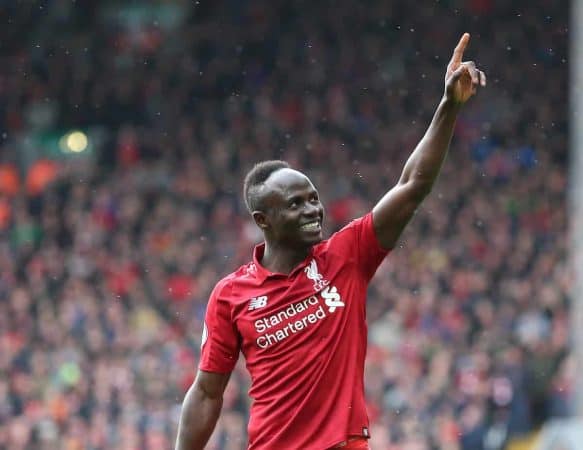 Sadio Mane of Liverpool celebrates scoring their second goal during the Premier League match at Anfield (James Wilson/Sportimage/PA Images)