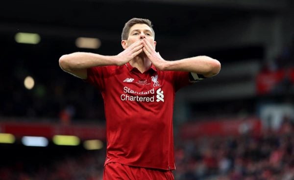 Liverpool's Steven Gerrard celebrates scoring his side's third goal of the game during the Legends match at Anfield Stadium, Liverpool. PRESS ASSOCIATION Photo. Picture date: Saturday March 23, 2019. See PA story SOCCER Liverpool. Photo credit should read: Peter Byrne/PA Wire.