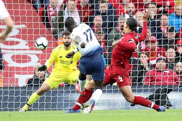 Tottenham Hotspur's Moussa Sissoko attempts a shot on goal during the Premier League match at Anfield, Liverpool.