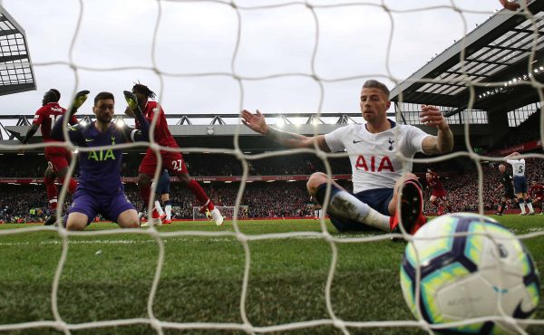 Alderweireld reacts after scoring an own goal, Liverpool's second goal of the game during the Premier League match at Anfield, Liverpool. (Martin Rickett/PA Wire/PA Images)