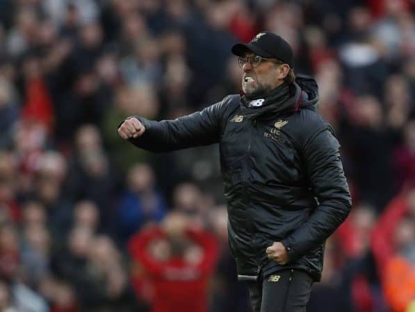 Jurgen Klopp manager of Liverpool celebrates the win during the Premier League match at Anfield, Liverpool. (Darren Staples/Sportimage/PA Images)