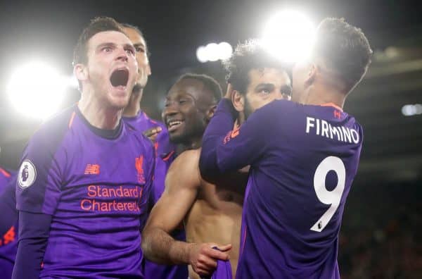 Liverpool's Mohamed Salah (second right) celebrates scoring his side's second goal of the game with team-mates during the Premier League match at St Mary's Stadium, Southampton. ( Adam Davy/PA Wire/PA Images)