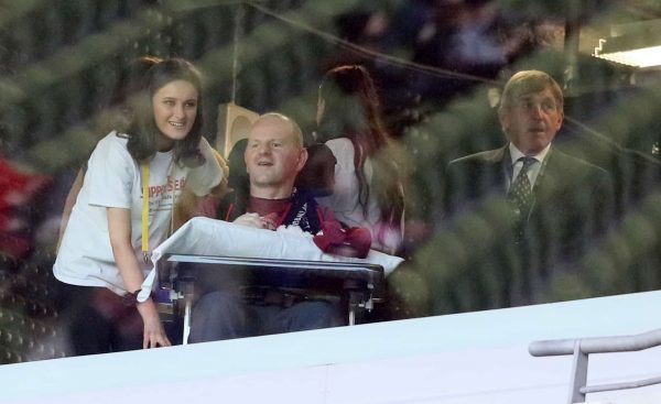 Sean Cox in the stands alongside Kenny Dalglish (right) prior to the Sean Cox Fundraising match at The Aviva Stadium, Dublin.