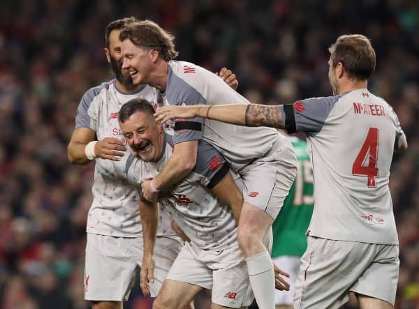 Liverpool Legends' John Aldridge (centre) celebrates with Patrik Berger (left) and Steve McManaman after scoring from the penalty spot for their first goal during the Sean Cox Fundraising match at The Aviva Stadium, Dublin. ( Brian Lawless/PA Wire/PA Images)