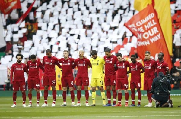 The Liverpool team hold a minutes silence on the eve of the 30th anniversary of the Hillsborough disaster where 96 fans lost their lives during the Premier League match at Anfield, Liverpool. Picture date: 14th April 2019. Picture credit should read: Andrew Yates/Sportimage via PA Images