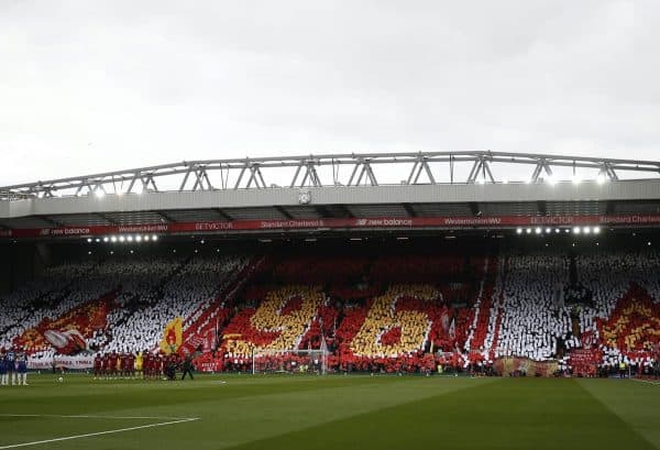 Fans create a mural before kick off on the eve of the 30th anniversary of the Hillsborough tragedy during the Premier League match at Anfield, Liverpool. (Andrew Yates/Sportimage via PA Images)