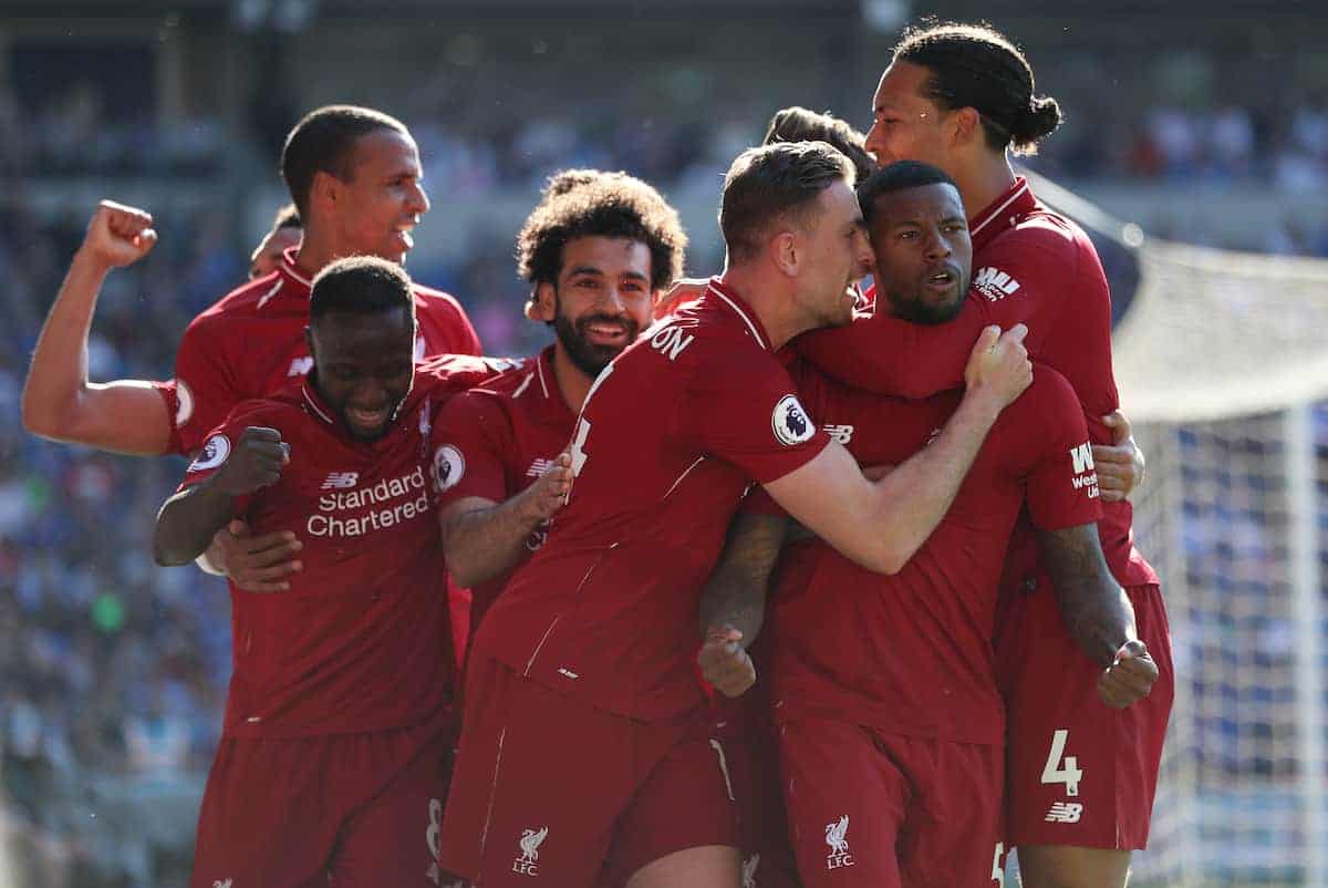 Liverpool's Georginio Wijnaldum (second right) celebrates scoring their first goal during the Premier League match at The Cardiff City Stadium, Cardiff. (David Davies/PA Wire/PA Images)