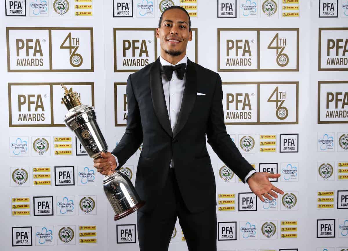 Liverpool's Virgil van Dijk poses with his PFA Player of the Year award during the 2019 PFA Awards at the Grosvenor House Hotel, London. (Barrington Coombs/PA Wire/PA Images)