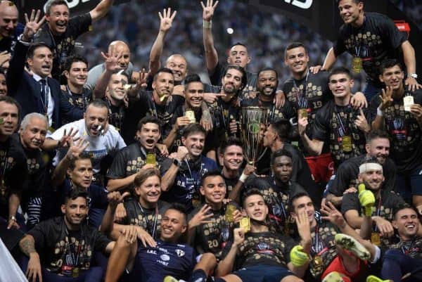 Monterrey players celebrate after winning the CONCACAF Champions League final against Tigres at the BBVA stadium, in Monterrey, Mexico, 01 May 2019. Argentine midfielder Nicolas Sanchez scored the penalty with which Rayados de Monterrey tied 1-1 with the UANL Tigers (2-1 on aggregate) and with which they were crowned CONCACAF champions. EFE/Miguel Sierra