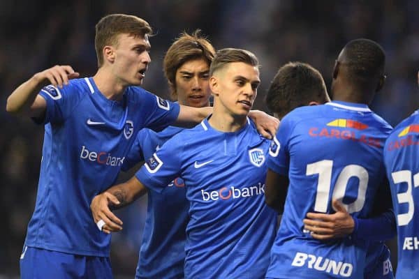 Genk's Bryan Heynen, Genk's Junya Ito and Genk's Leandro Trossard celebrate during a soccer match between KRC Genk and Royal Antwerp FC, Friday 03 May 2019 in Genk, on day 7 (out of 10) of the Play-off 1 of the 'Jupiler Pro League' Belgian soccer championship. BELGA PHOTO YORICK JANSENS